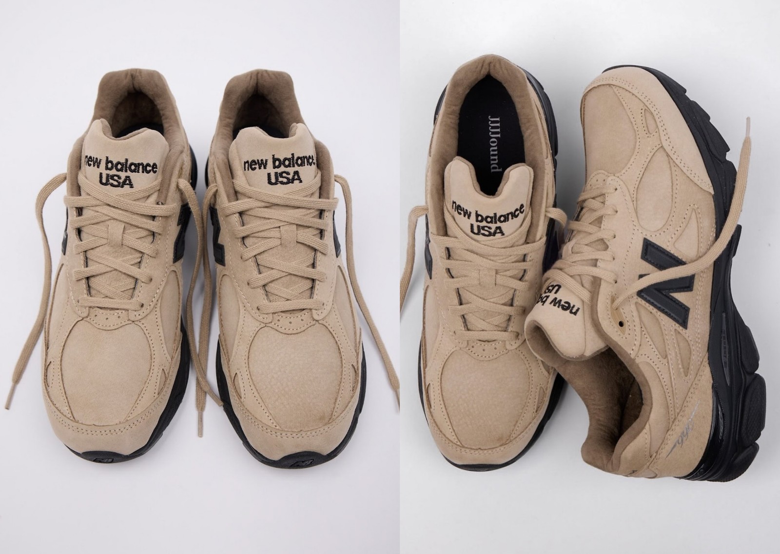 JJJJound x New Balance 990v3 Made in USA сбоку: замшевый верх и чёрная подошва