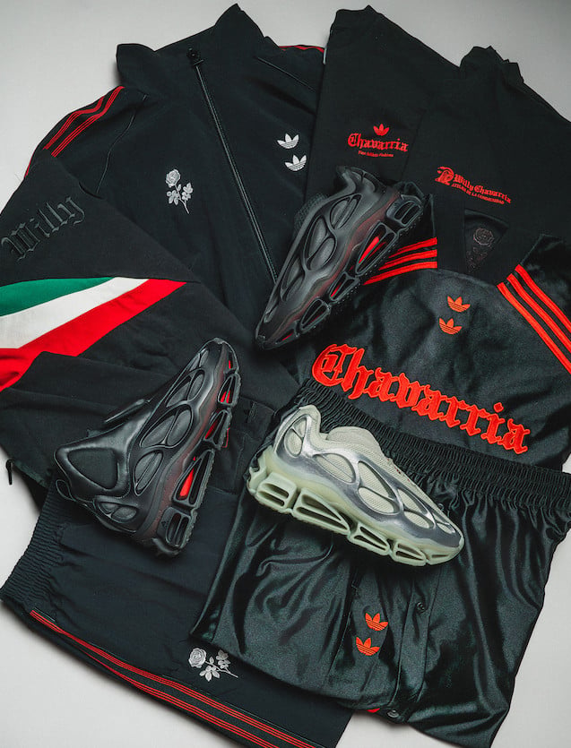 adidas x Willy Chavarria коллекциясындағы қызыл жолақты спорт костюмі