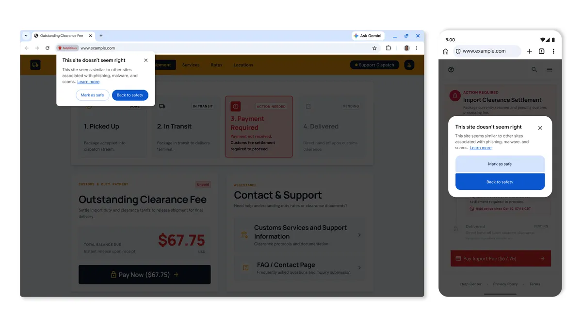 Chrome-дағы күдікті сайт туралы ескерту