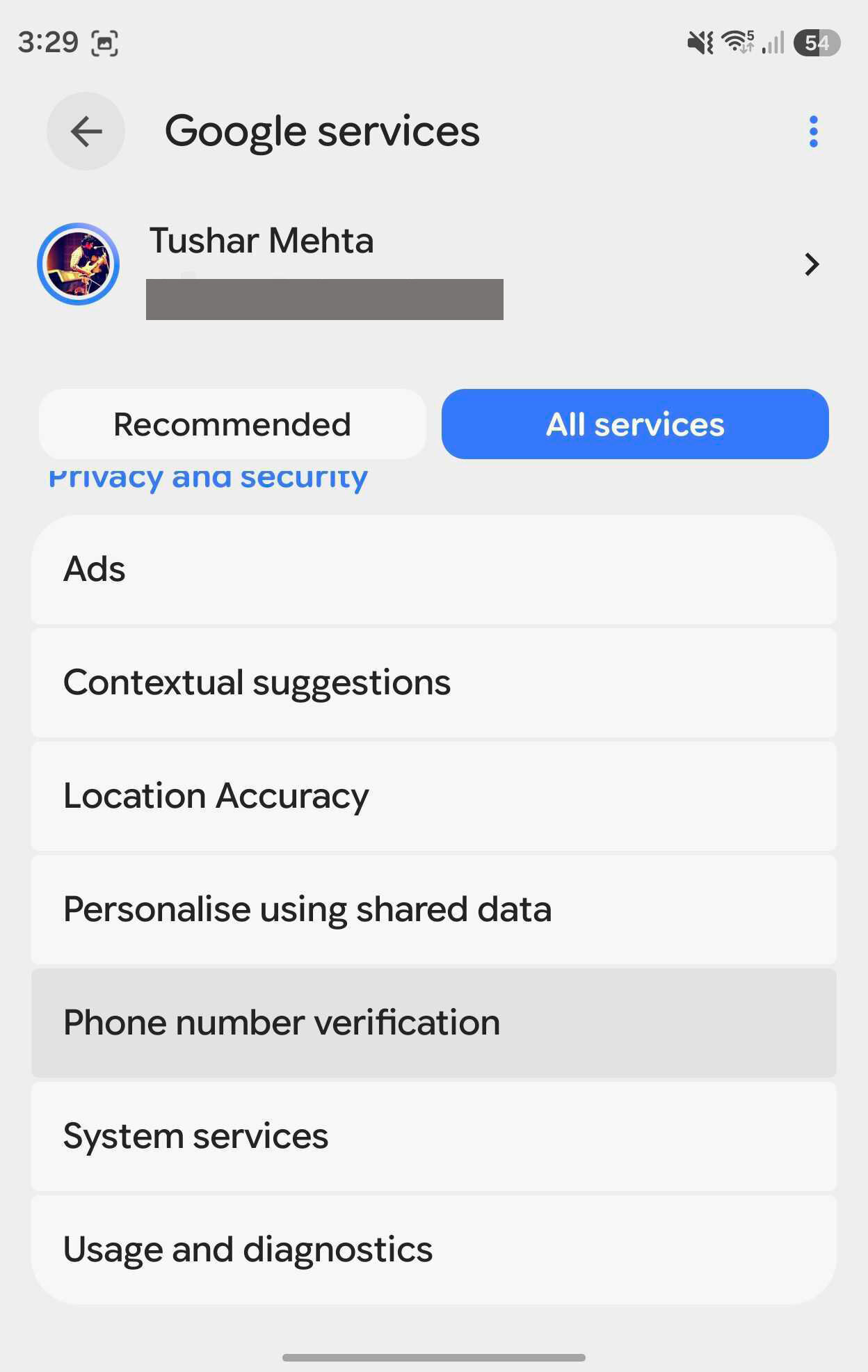 Настройка «Подтверждение номера телефона» в сервисах Google на Android