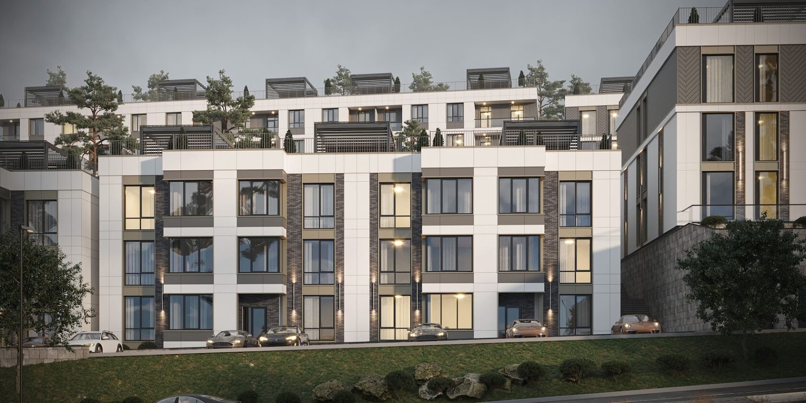 Трехэтажные клубные дома ЖК Alma Tau Residence на склоне выше Аль-Фараби
