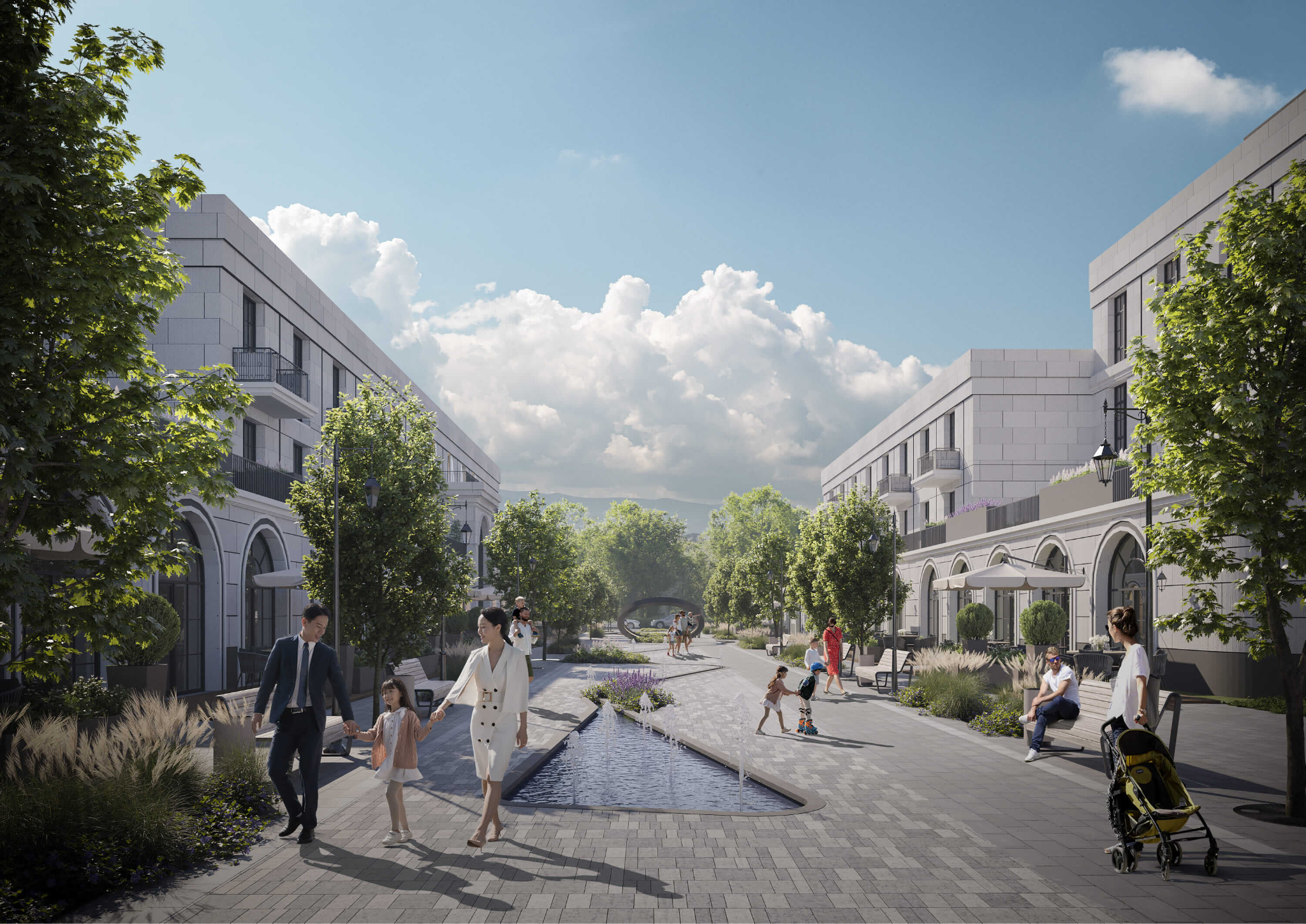 Белые малоэтажные дома ЖК White Residence в микрорайоне Таусамалы