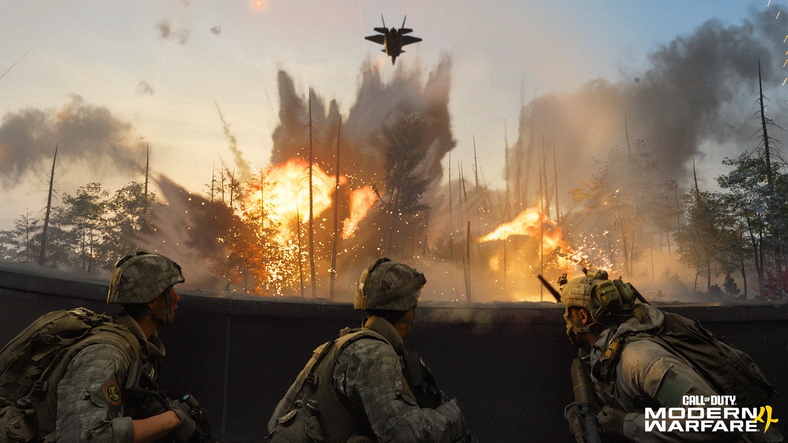 Modern Warfare 4 мультиплеері: жауынгерлер паналап тұр, үстінен жойғыш ұшақ ұшып өтеді