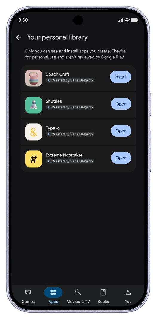 Экран личного приложения в Google Play