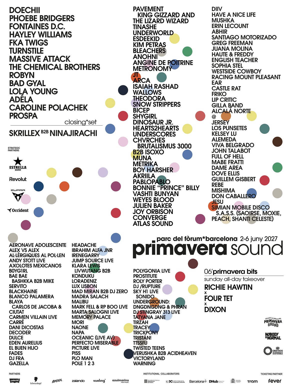 Primavera Sound 2027 фестивалінің алғашқы әртістері жазылған ресми постер