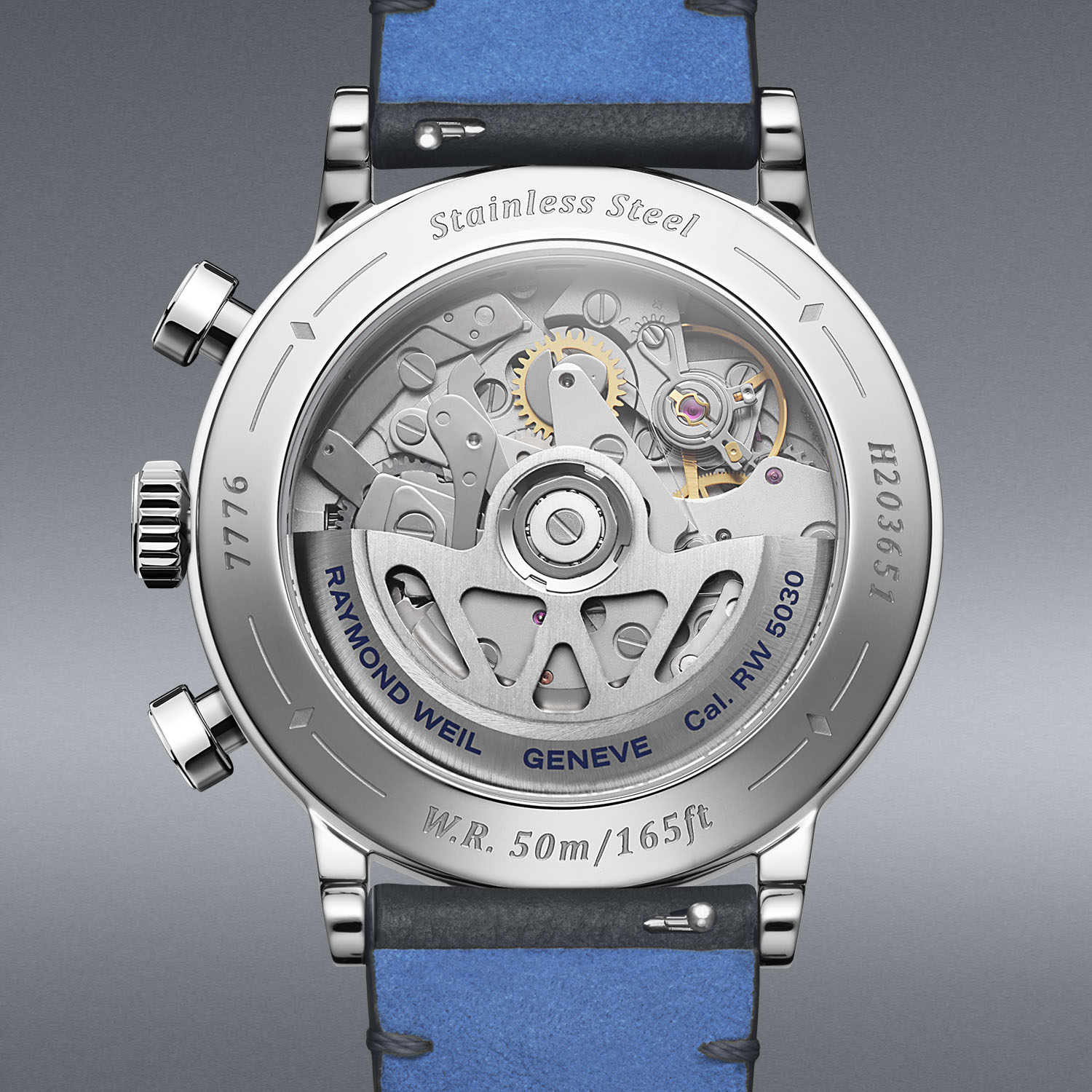 Raymond Weil Millesime Jubilee сағатының сапфир артқы қақпағы мен RW5030 механизмі